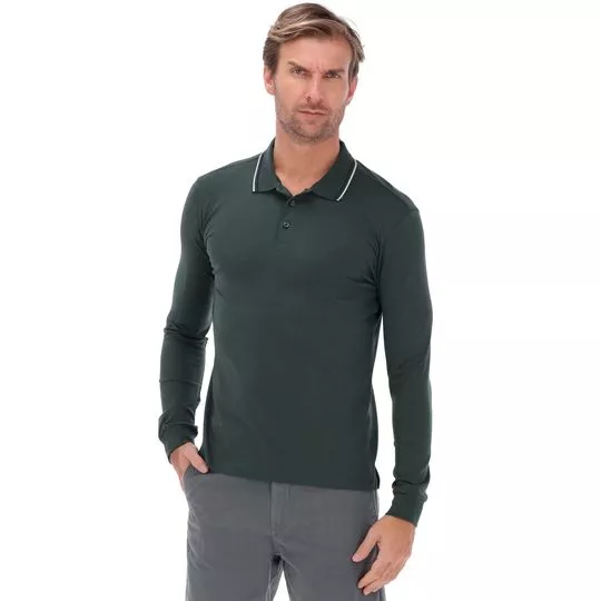 Polo Slim Fit Com Bordado- Verde Escuro & Branca