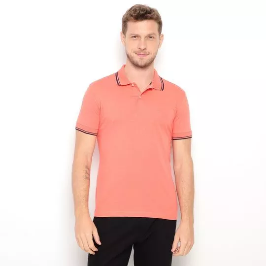 Polo Slim Com Bordado- Salmão & Azul Marinho