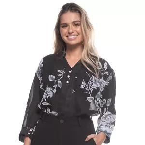 Blusa Floral Com Bolso<BR>- Preta & Branca