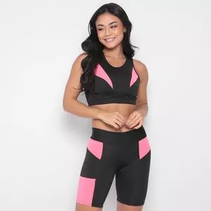 Conjunto De Top & Bermuda<BR>- Preto & Rosa<BR>- Verbo Fitness