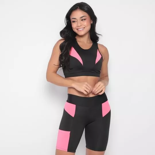 Conjunto De Top & Bermuda- Preto & Rosa- Verbo Fitness