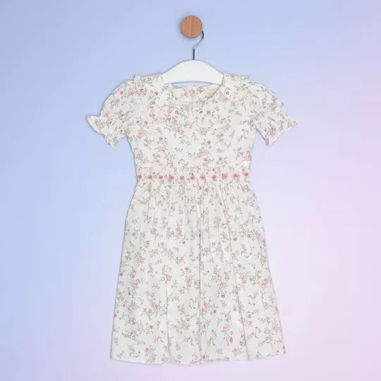 Vestido Floral Com Bordados- Branco & Rosa- PETIT CHERIE