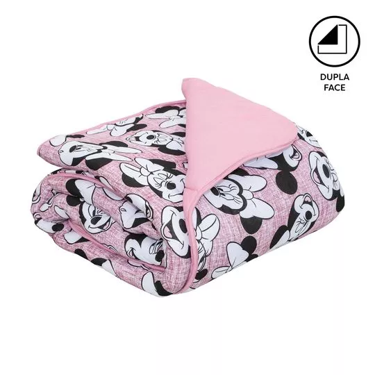 Edredom Minnie® Dupla Face Solteiro- Rosa & Preto- 150x220cm- Portallar