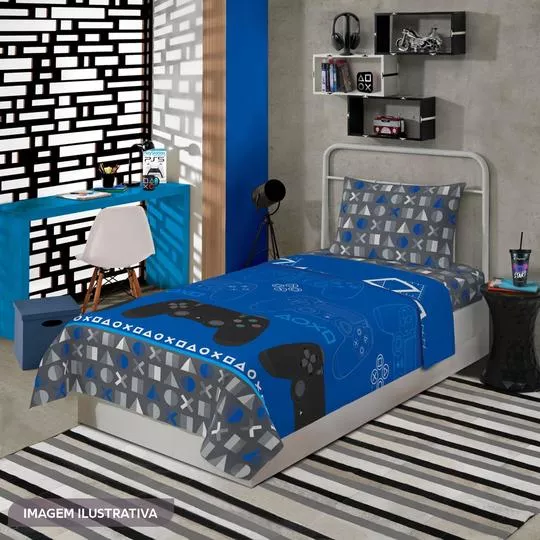 Jogo De Cama Playstation® Solteiro- Azul Escuro & Preto- 3Pçs- Lepper