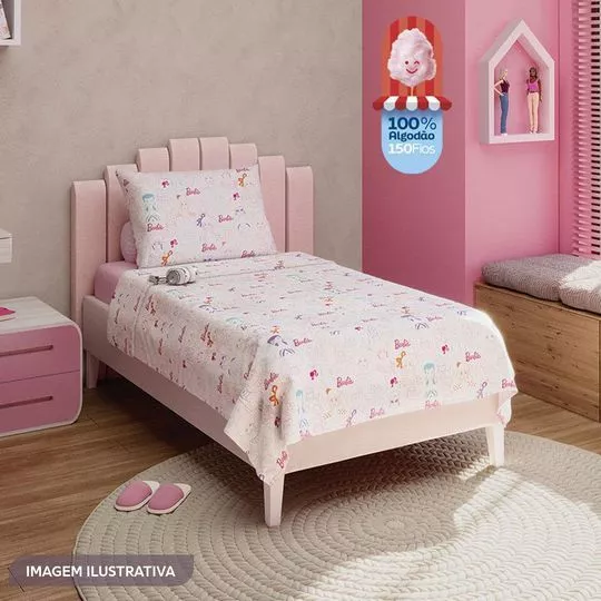 Jogo De Cama Simples Barbie® Solteiro- Off White & Rosa- 3Pçs- Lepper