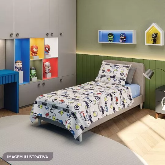 Jogo De Cama Vingadores® Solteiro- Branco & Azul Claro- 3Pçs- Lepper