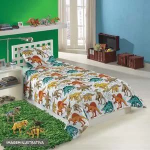 Jogo De Cama Simples Dinossauros® Solteiro<BR>- Off White & Verde<BR>- 3Pçs<BR>- Lepper