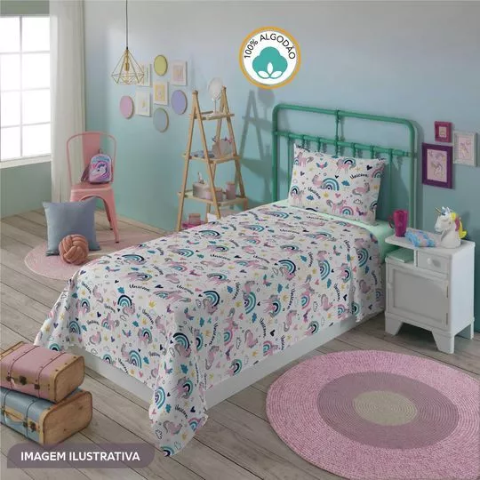 Jogo De Cama Simples Unicórnio® Solteiro- Off White & Lilás- 3Pçs- Lepper