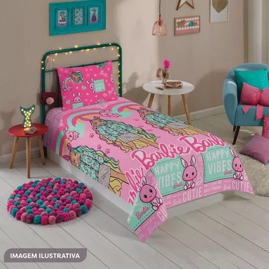 Jogo De Cama Barbie® Solteiro- Rosa & Verde Água- 2Pçs- Lepper