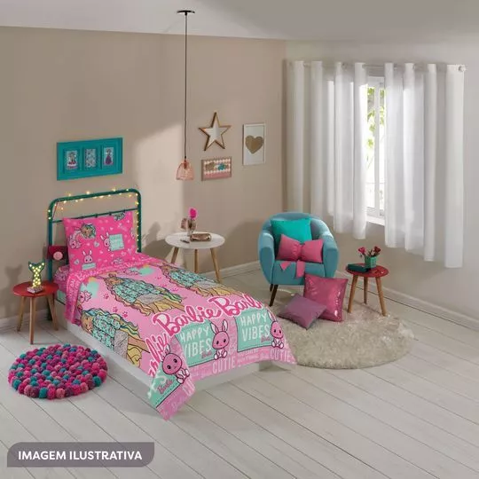 Jogo De Cama Barbie® Solteiro- Rosa & Verde Água- 3Pçs- Lepper