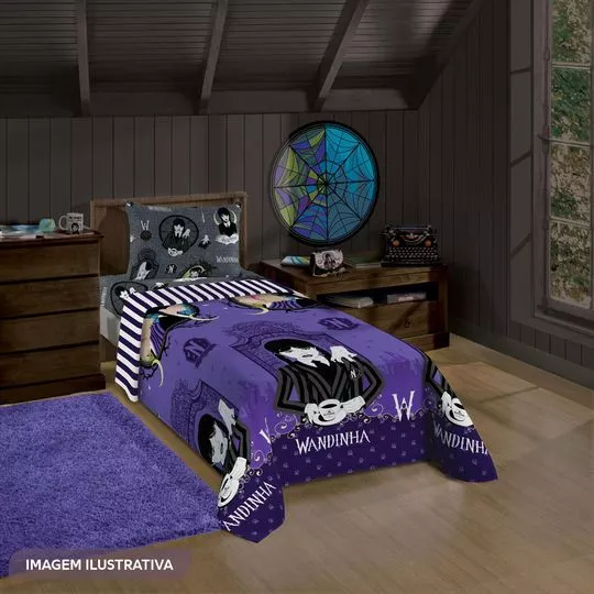 Jogo De Cama Simples Wandinha® Solteiro- Roxo & Preto- 2Pçs- Lepper