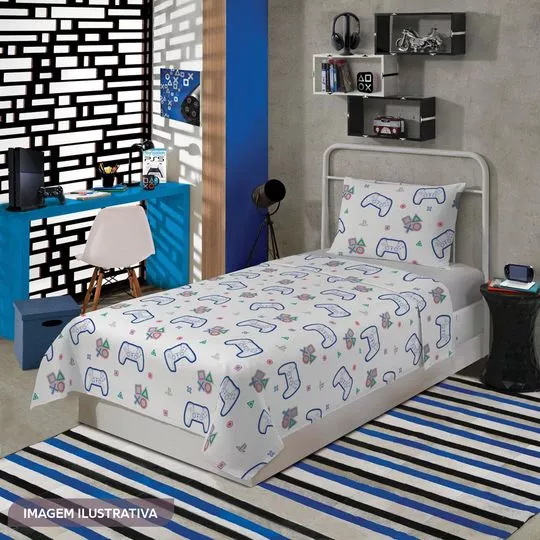 Jogo De Cama Playstation® Solteiro- Branco & Azul Escuro- 3Pçs- Lepper