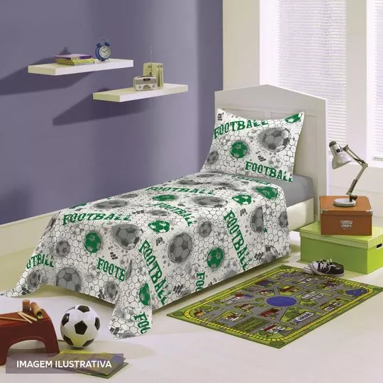 Jogo De Cama Futebol Solteiro- Branco & Verde Escuro- 3Pçs- Lepper