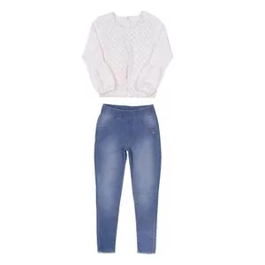 Conjunto De Blusa & Calça Reta Jeans<BR>- Off White & Azul<BR>- Paraíso