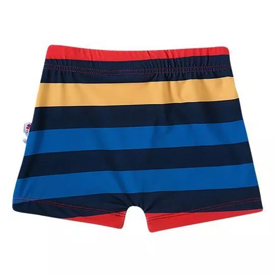 Short De Praia Listrado- Azul Marinho & Vermelho