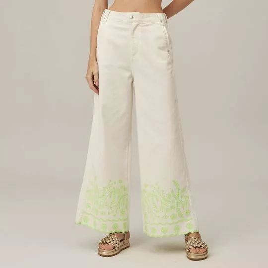 Calça Wide Leg Com Bolsos- Off White & Verde Limão- Lança Perfume