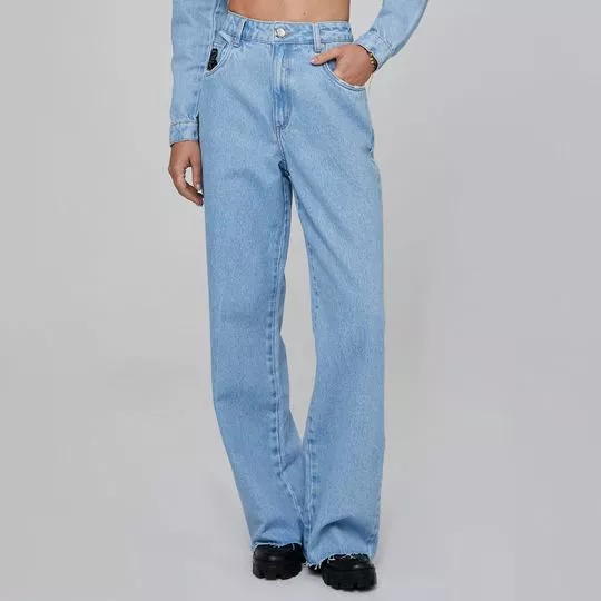 Calça Jeans Wide Leg Com Termocolantes- Azul Claro & Preta- Lança Perfume