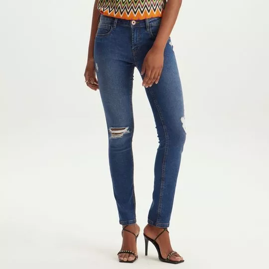 Calça Jeans Skinny Com Destroyed- Azul Escuro- Lança Perfume