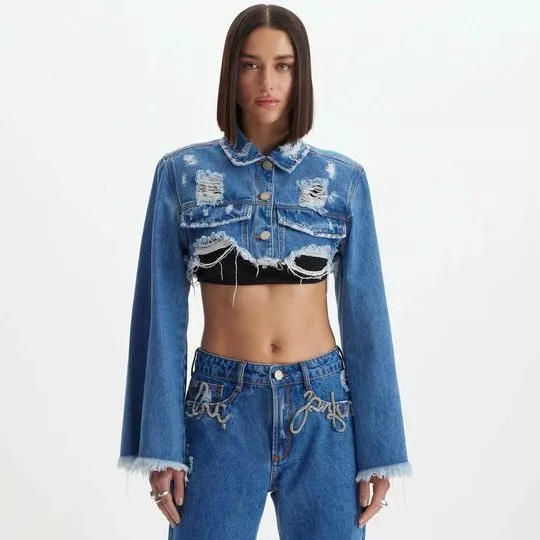 Jaqueta Jeans Cropped Com Destroyed- Azul- Lança Perfume