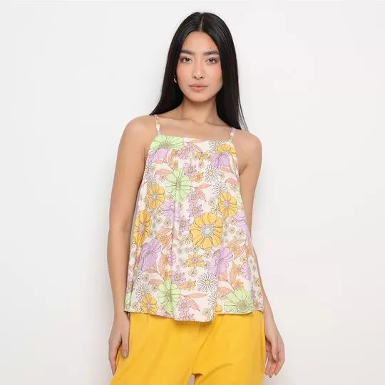 Blusa Floral Com Franzidos- Amarela & Lilás- Lança Perfume