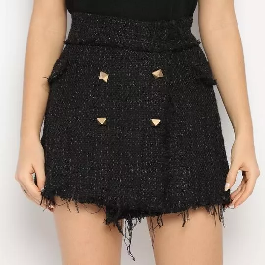 Short Saia Em Tweed- Preto & Prateado- Lança Perfume