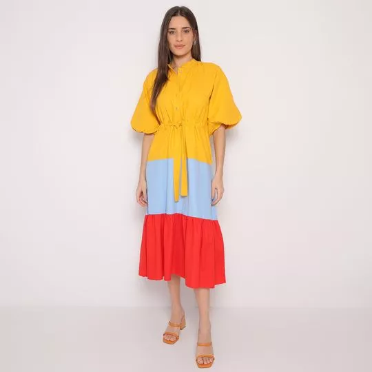 Vestido Midi Com Recortes- Amarelo & Vermelho- Lança Perfume