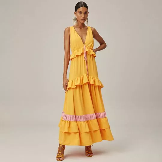 Vestido Longo Com Babados- Amarelo & Rosa Claro- Lança Perfume