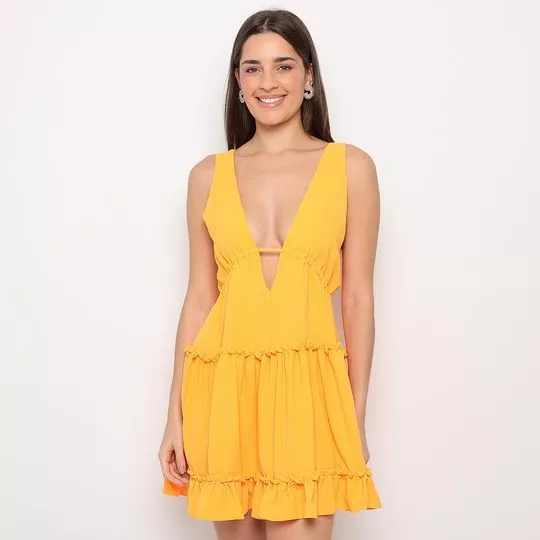 Vestido Curto Com Babados- Amarelo Escuro- Lança Perfume