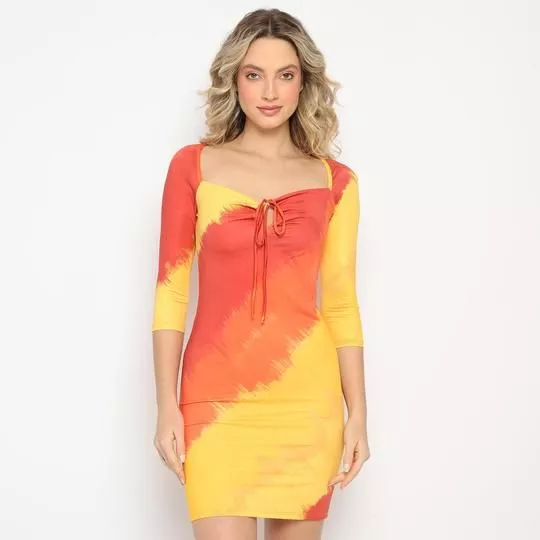 Vestido Curto com Amarração- Amarelo & Vermelho- Lança Perfume