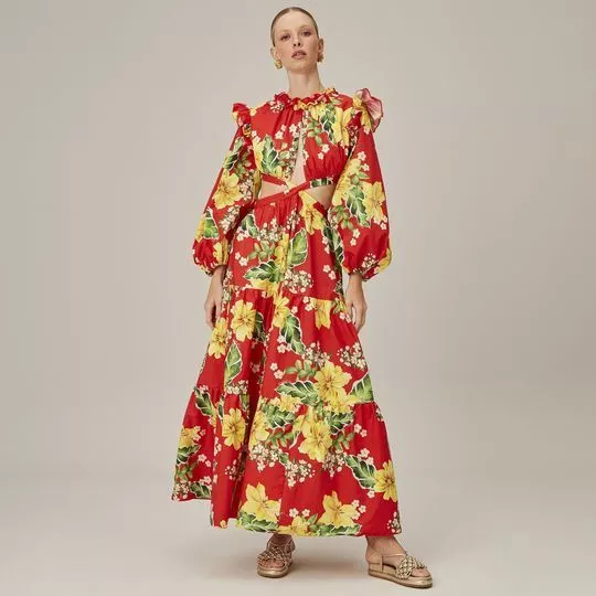 Vestido Longo Floral- Vermelho & Amarelo- Lança Perfume