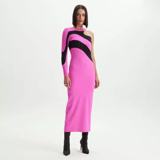 Vestido Midi Com Recortes- Rosa & Preto- Lança Perfume