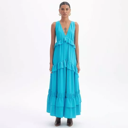 Vestido Longo Com Babados- Azul- Lança Perfume