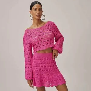 Conjunto De Cropped & Saia Curta Em Tricô<BR>- Rosa<BR>- Lança Perfume