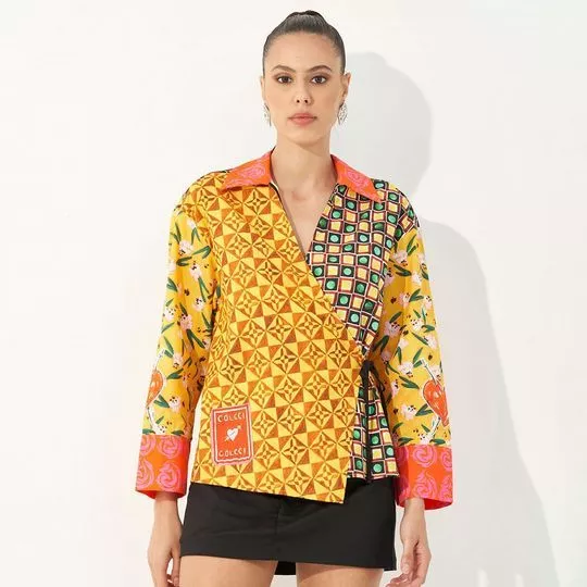 Blusa Abstrata Com Transpasse- Amarela & Vermelha