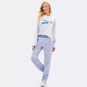 Pijama Com Inscrições Listrado<BR>- Branco & Cinza<BR>- Veggi