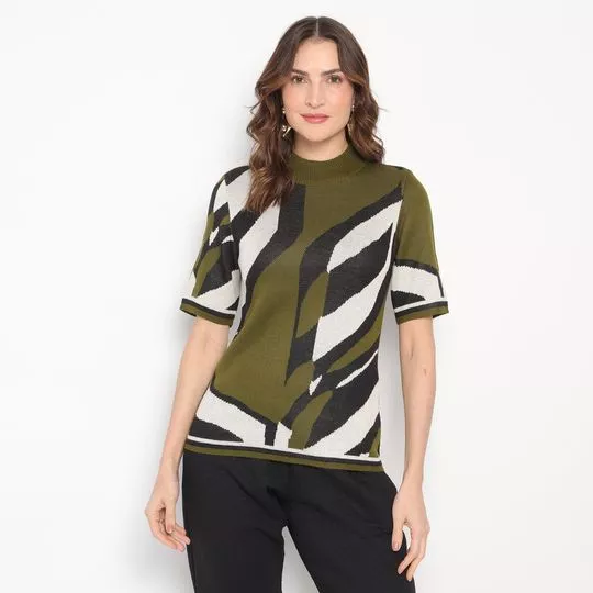 Blusa Em Tricô- Verde Militar & Preta- Morena Rosa