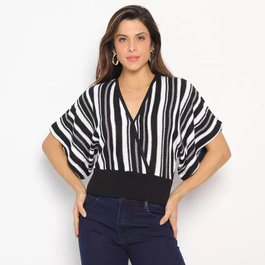 Blusa Em Tricô- Preta & Off White- Morena Rosa