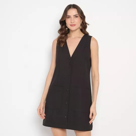 Vestido Curto Com Bolsos- Preto- Morena Rosa