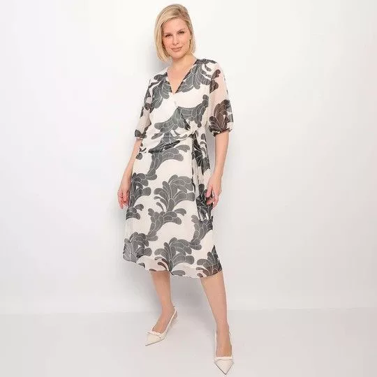 Vestido Midi Com Amarração- Off White & Preto- Morena Rosa