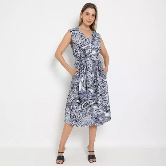 Vestido Midi Abstrato- Branco & Azul Marinho- Morena Rosa