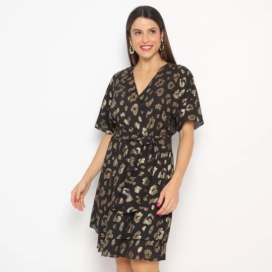 Vestido Curto Animal Print- Preto & Dourado- Maria Valentina