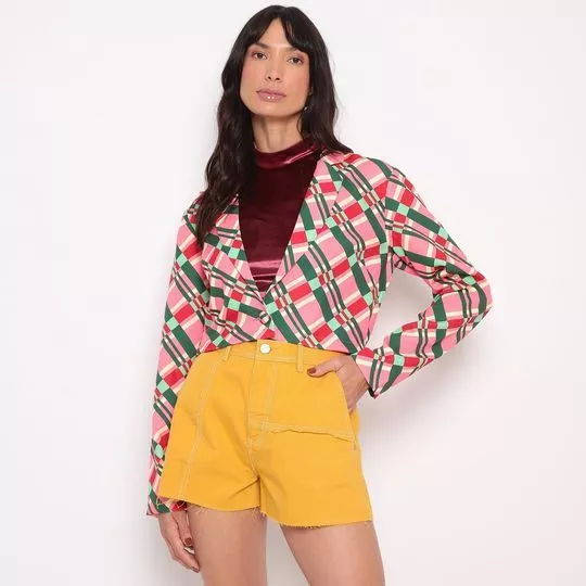 Blazer Cropped Xadrez- Rosa & Verde- Zinco