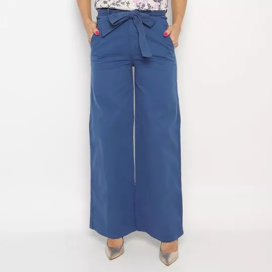 Calça Wide Leg Com Faixa- Azul Marinho- Zinco