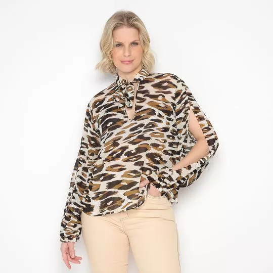 Blusa Animal Com Abertura- Bege & Off White- Iódice