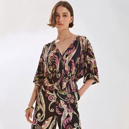 Cropped Floral- Preto & Rosa- Iódice