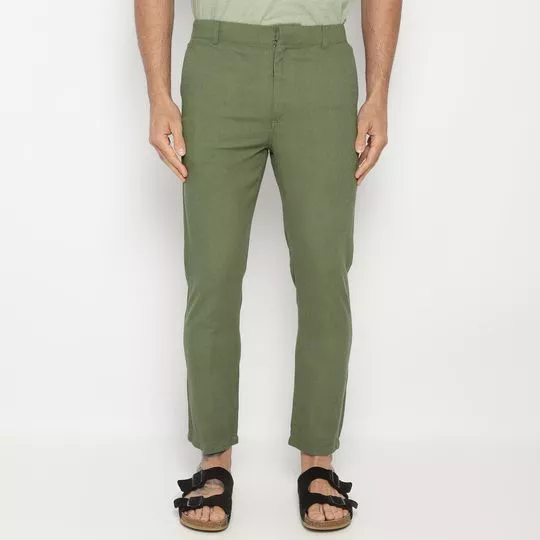 Calça Reta Com Linho- Verde Militar- Iódice