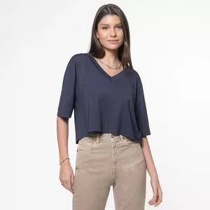 Camiseta Cropped Lisa<BR>- Azul Marinho