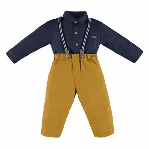 Conjunto De Body & Calça Reta Xadrez<BR>- Azul Marinho & Amarelo Escuro