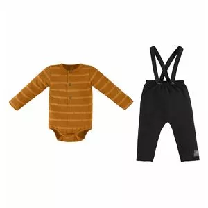 Conjunto De Body Listrado & Jardineira<BR>- Laranja & Preto