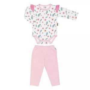 Conjunto De Body Floral & Calça Reta<BR>- Branco & Rosa Claro<BR>- Batistela<BR>- Batistela Baby